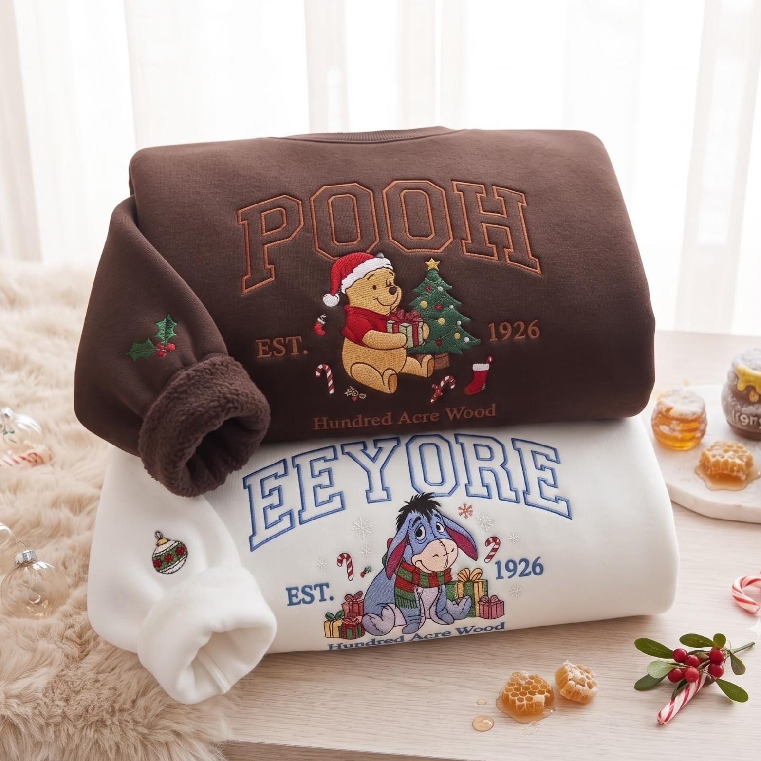 Embroidered Pooh Bear and Eeyore Disney Christmas Sweatshirt Hoodie – Matching Family Couple Mouse Cozy Season Gift Shirt - photo 4