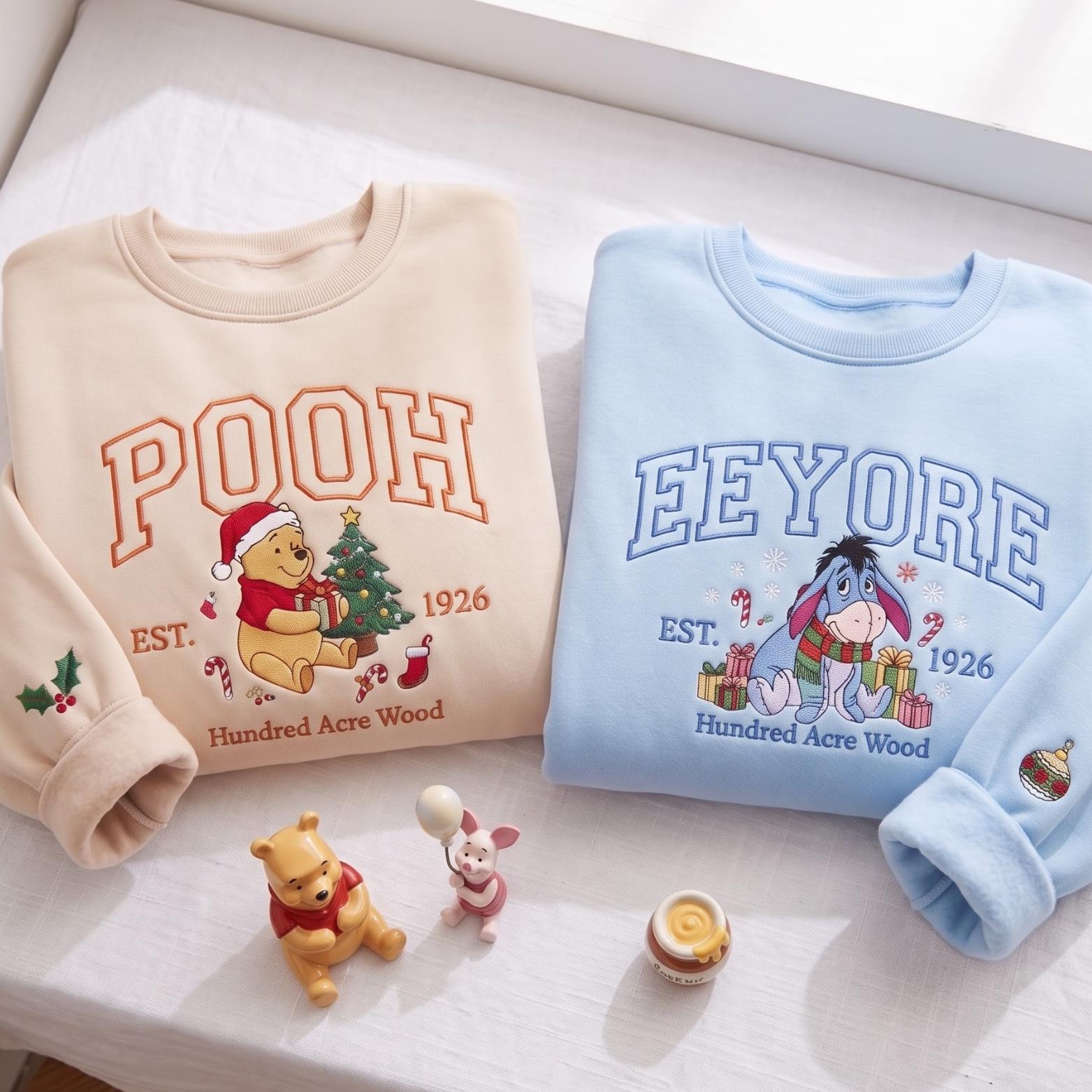Embroidered Pooh Bear and Eeyore Disney Christmas Sweatshirt Hoodie – Matching Family Couple Mouse Cozy Season Gift Shirt - photo 5