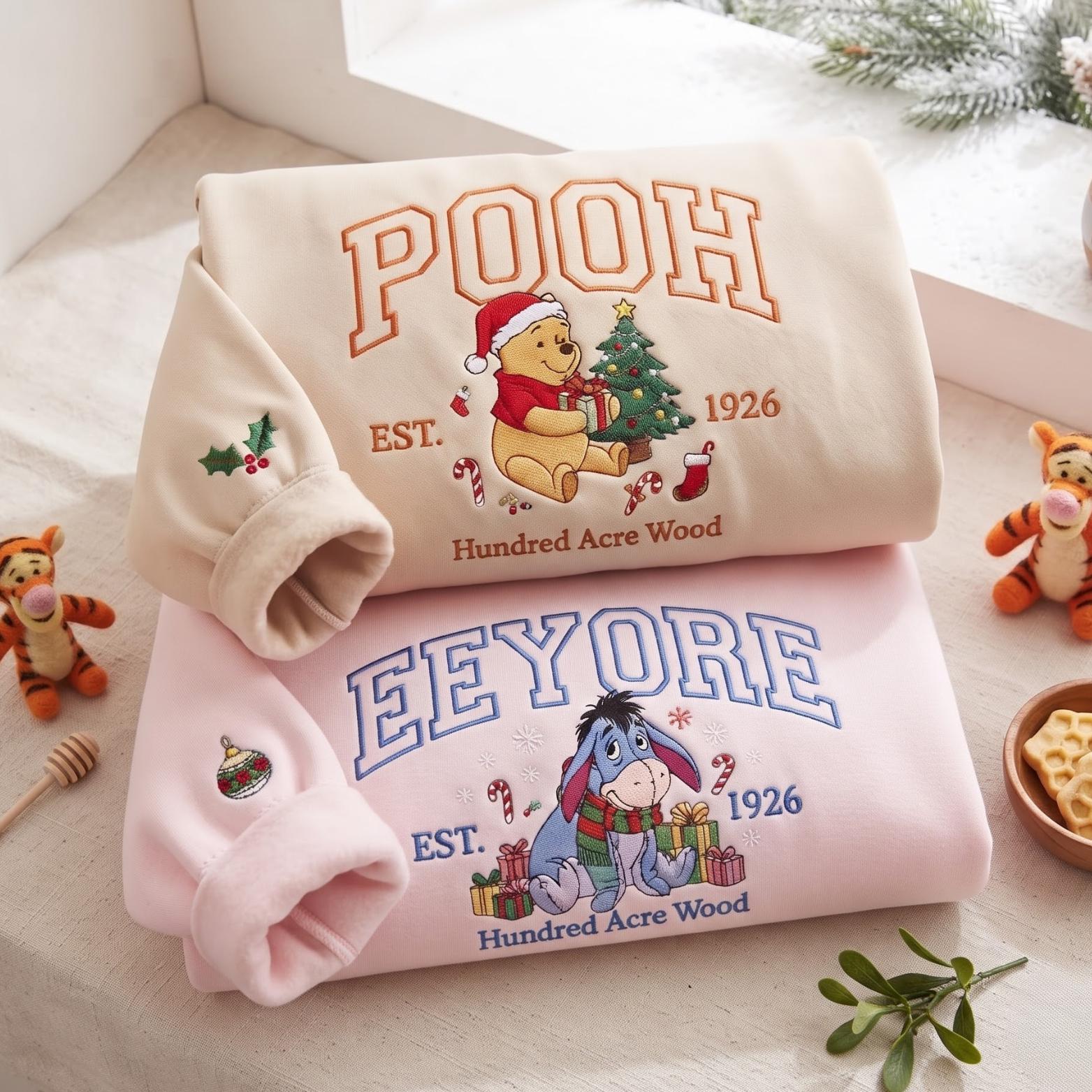 Embroidered Pooh Bear and Eeyore Disney Christmas Sweatshirt Hoodie – Matching Family Couple Mouse Cozy Season Gift Shirt - photo 6
