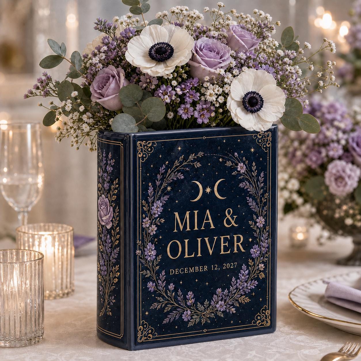 Personalized Custom Name Couple Wedding Book Shaped Flower Vase in Navy Lavender – Anniversary Gift and Centerpiece Decor