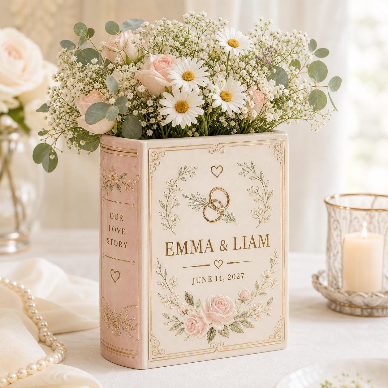 Personalized Custom Name Couple Wedding Book Shaped Flower Vase in Blush Pink – Anniversary Gift and Centerpiece Decor