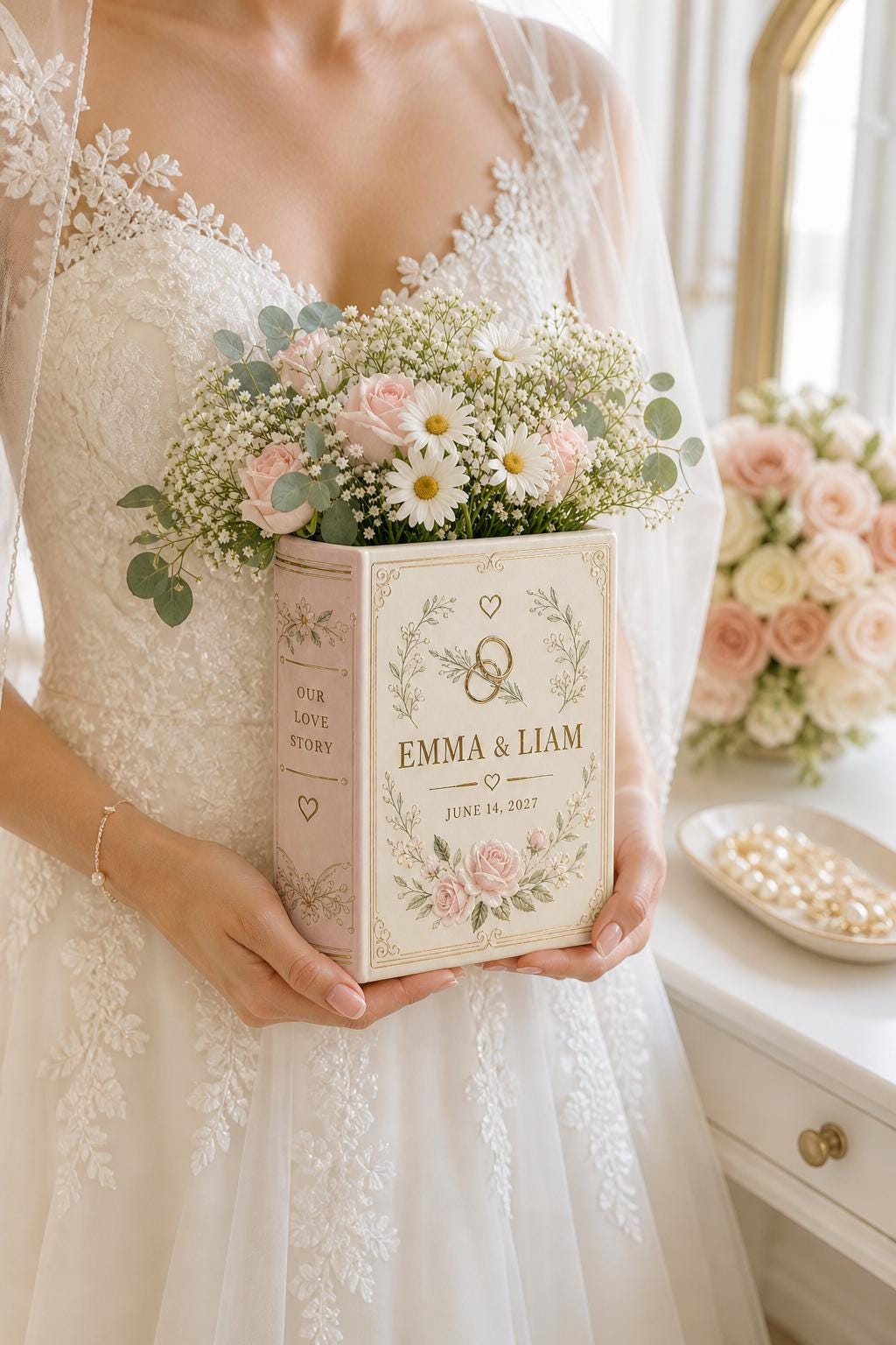 Personalized Custom Name Couple Wedding Book Shaped Flower Vase in Blush Pink – Anniversary Gift and Centerpiece Decor - photo 2