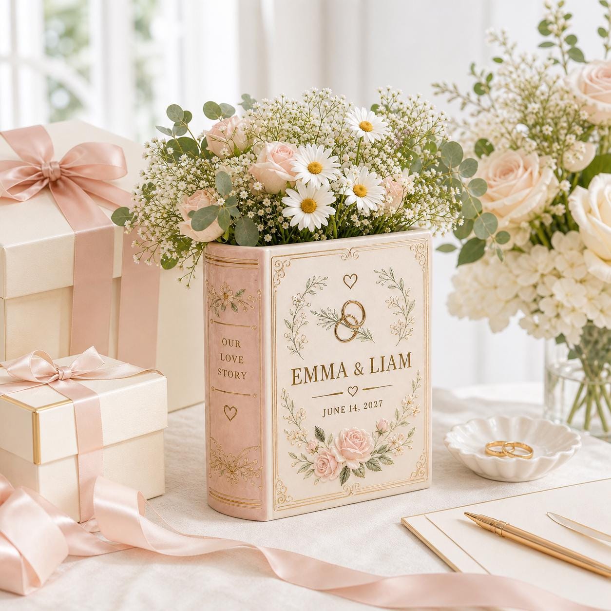 Personalized Custom Name Couple Wedding Book Shaped Flower Vase in Blush Pink – Anniversary Gift and Centerpiece Decor - photo 5