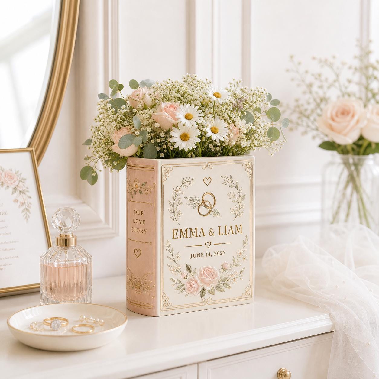 Personalized Custom Name Couple Wedding Book Shaped Flower Vase in Blush Pink – Anniversary Gift and Centerpiece Decor - photo 6
