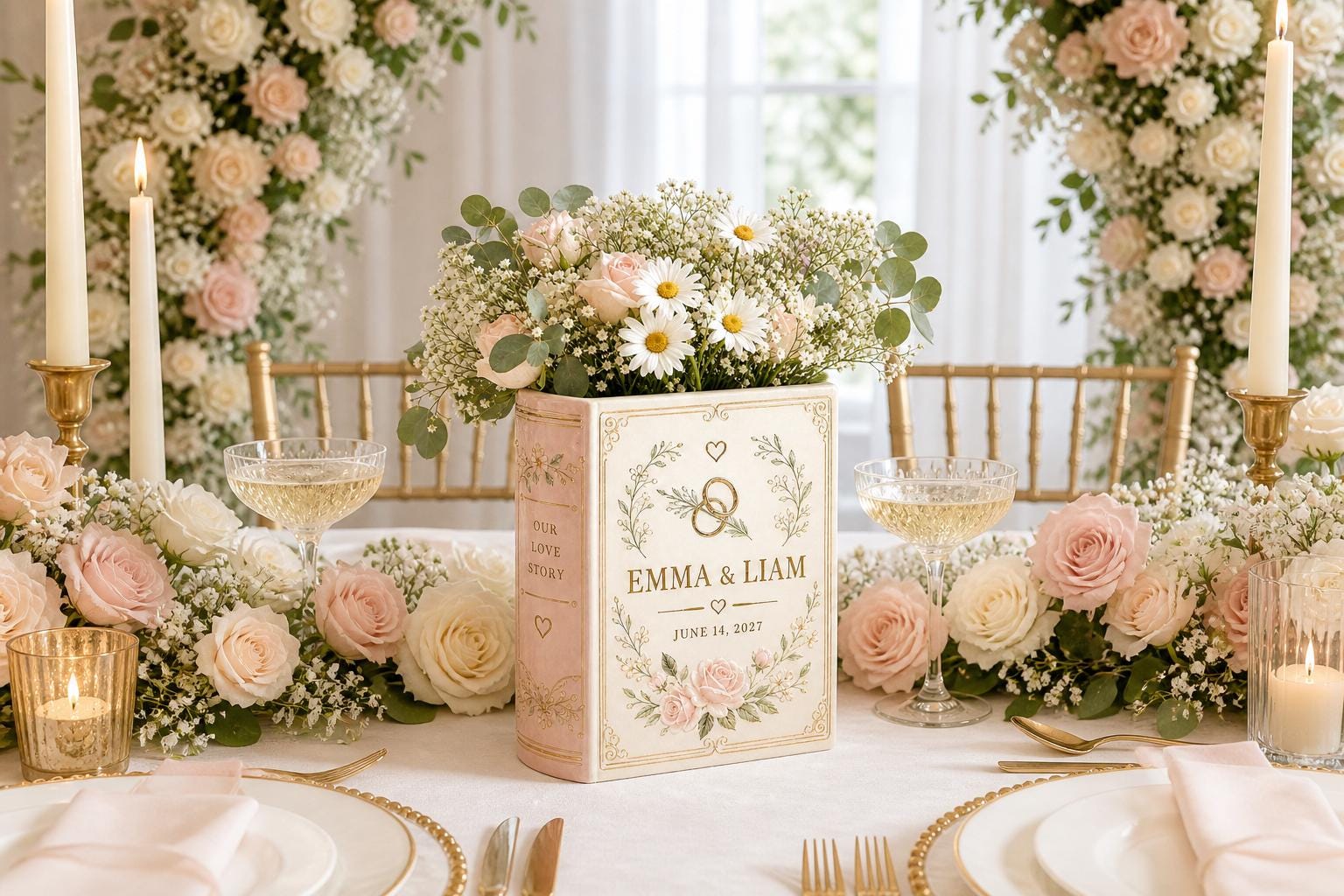 Personalized Custom Name Couple Wedding Book Shaped Flower Vase in Blush Pink – Anniversary Gift and Centerpiece Decor - photo 7
