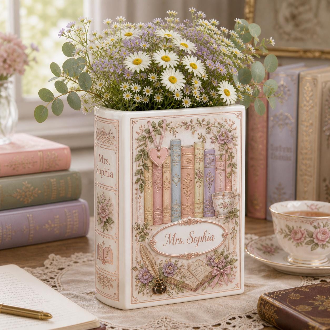 Personalized Custom Name Vintage Ceramic Book Shaped Floral Flower Vase – Literary Home Decor Gift for Teacher and Book Lover