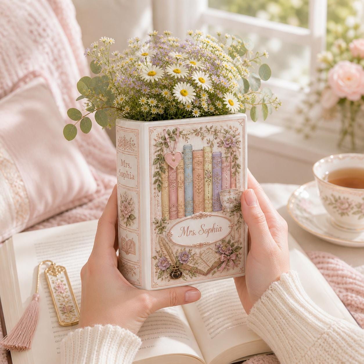 Personalized Custom Name Vintage Ceramic Book Shaped Floral Flower Vase – Literary Home Decor Gift for Teacher and Book Lover - photo 2