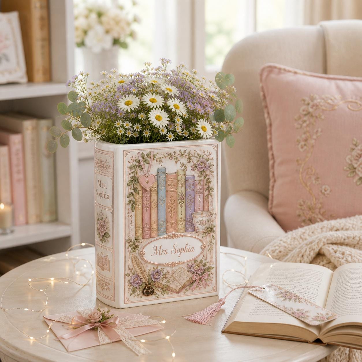 Personalized Custom Name Vintage Ceramic Book Shaped Floral Flower Vase – Literary Home Decor Gift for Teacher and Book Lover - photo 5