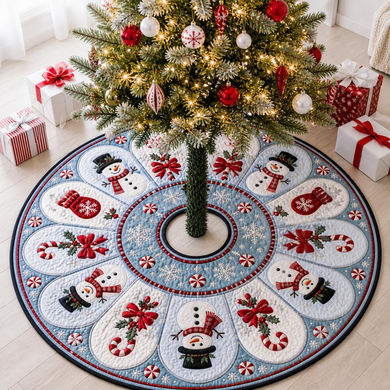 Tree Skirt Snowman Christmas with Quilted Snowman Design and Winter Christmas Decor Plus Candy Cane Applique for Holiday Tree Decoration