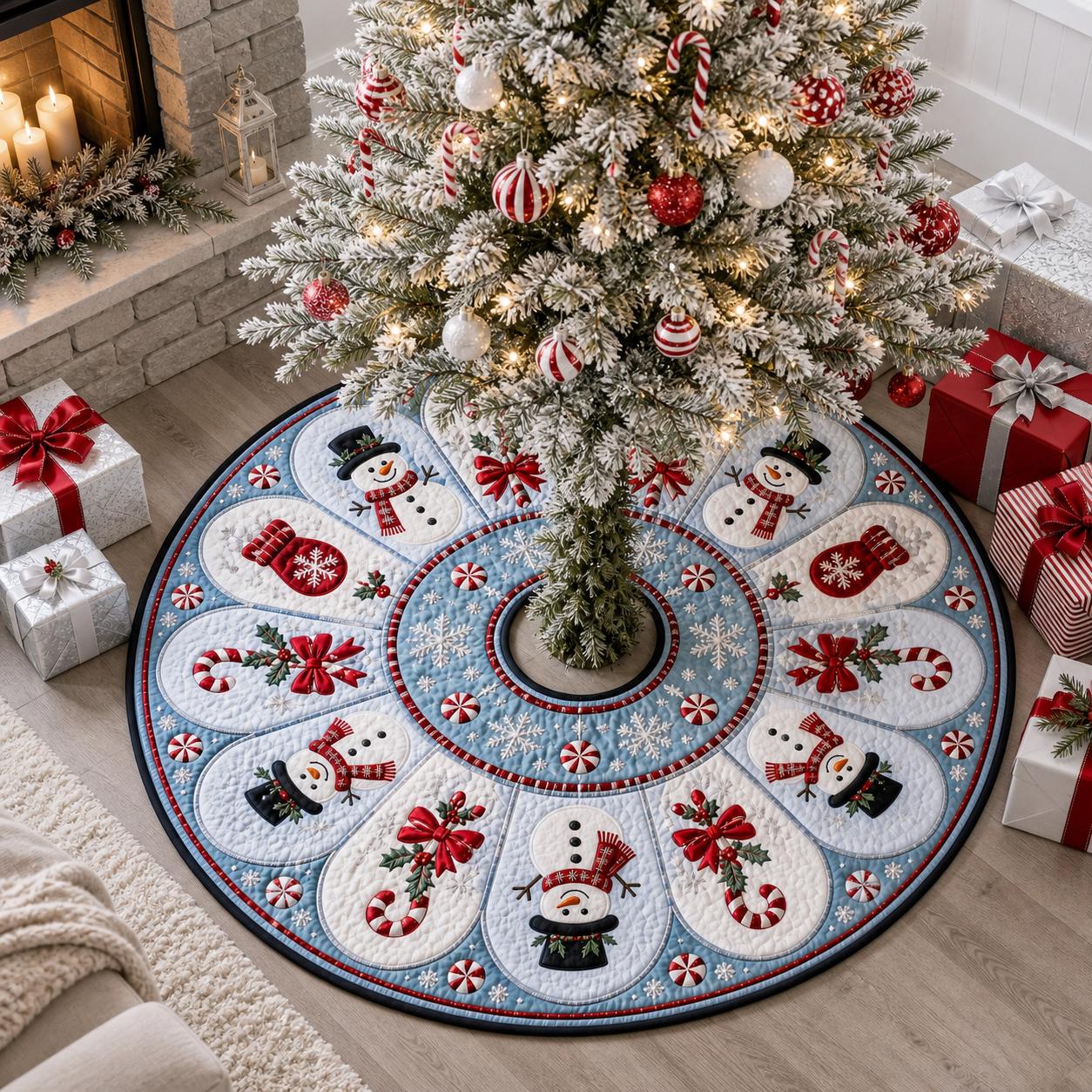 Tree Skirt Snowman Christmas with Quilted Snowman Design and Winter Christmas Decor Plus Candy Cane Applique for Holiday Tree Decoration - photo 2