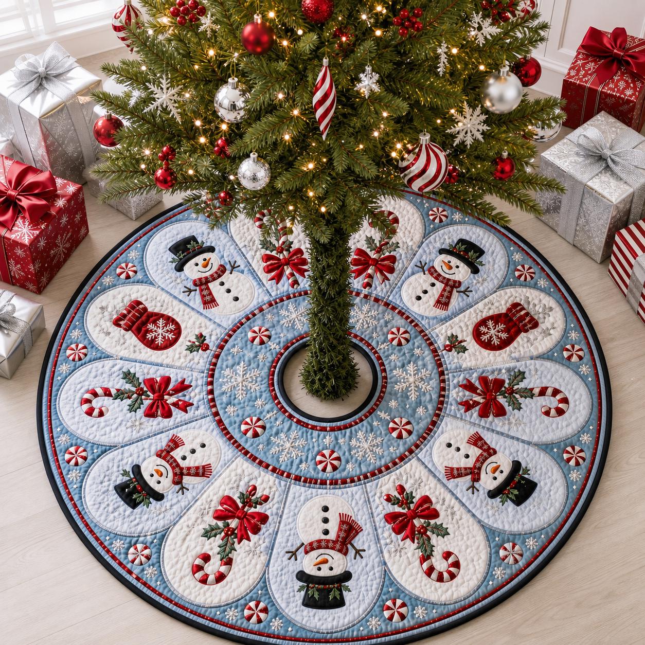 Tree Skirt Snowman Christmas with Quilted Snowman Design and Winter Christmas Decor Plus Candy Cane Applique for Holiday Tree Decoration - photo 3