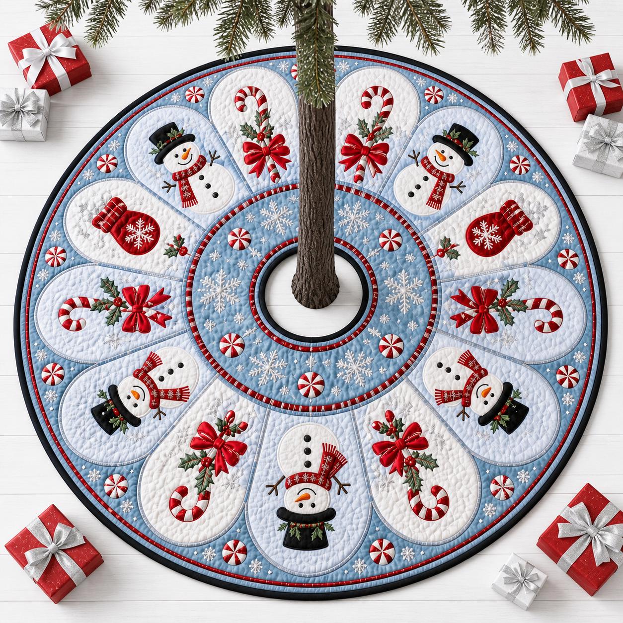 Tree Skirt Snowman Christmas with Quilted Snowman Design and Winter Christmas Decor Plus Candy Cane Applique for Holiday Tree Decoration - photo 4