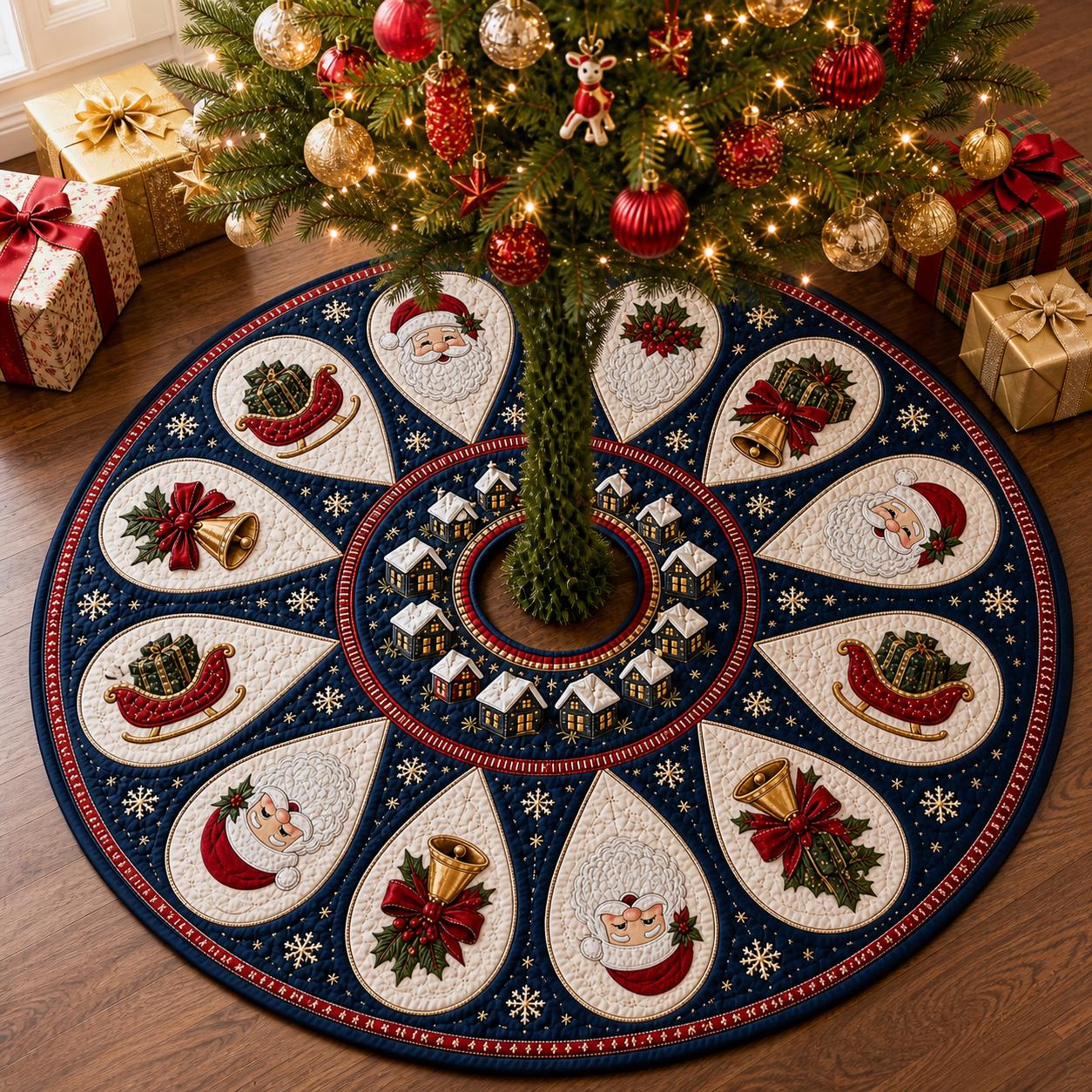 Tree Skirt Navy Christmas with Santa Claus Quilted Design and Christmas Village Applique Decor Plus Blue Holiday Tree Skirt and Santa Sleigh Decor