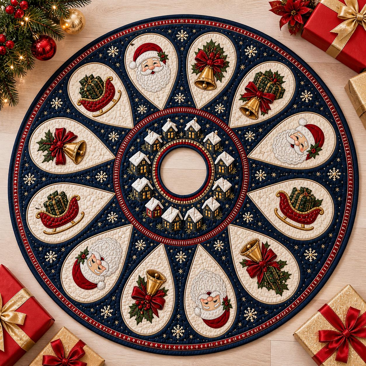 Tree Skirt Navy Christmas with Santa Claus Quilted Design and Christmas Village Applique Decor Plus Blue Holiday Tree Skirt and Santa Sleigh Decor - photo 2