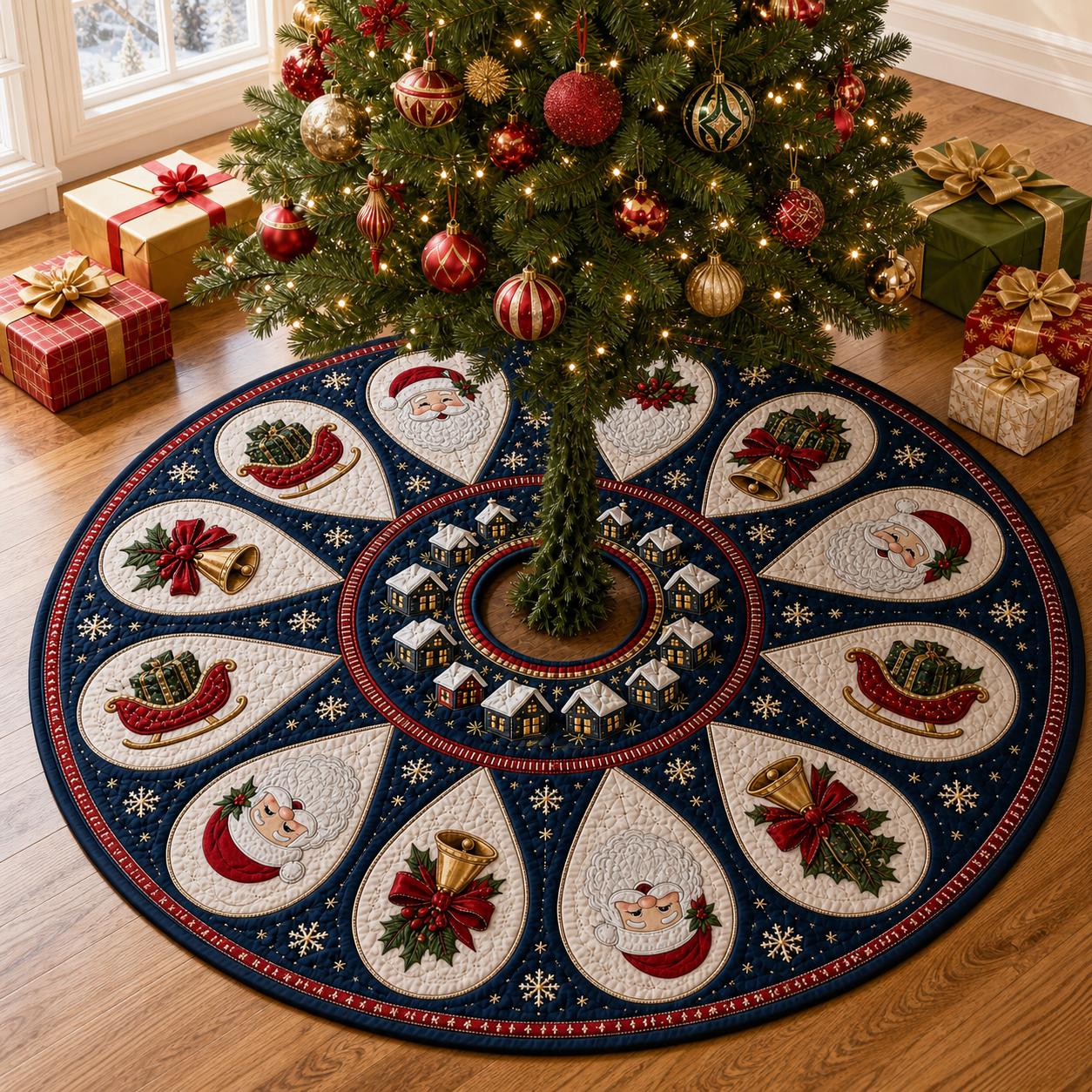 Tree Skirt Navy Christmas with Santa Claus Quilted Design and Christmas Village Applique Decor Plus Blue Holiday Tree Skirt and Santa Sleigh Decor - photo 3