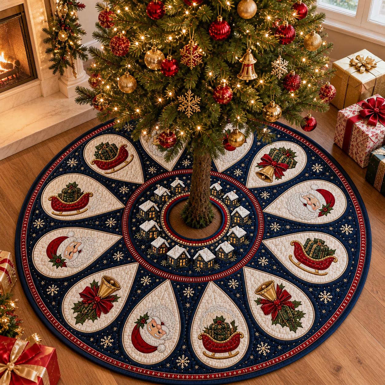Tree Skirt Navy Christmas with Santa Claus Quilted Design and Christmas Village Applique Decor Plus Blue Holiday Tree Skirt and Santa Sleigh Decor - photo 4