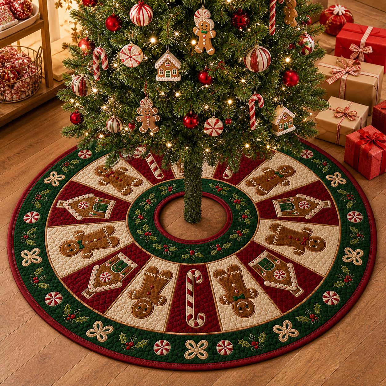 Quilted Christmas Tree Skirt with Gingerbread Man and Candy Cane Applique for Holiday Decor