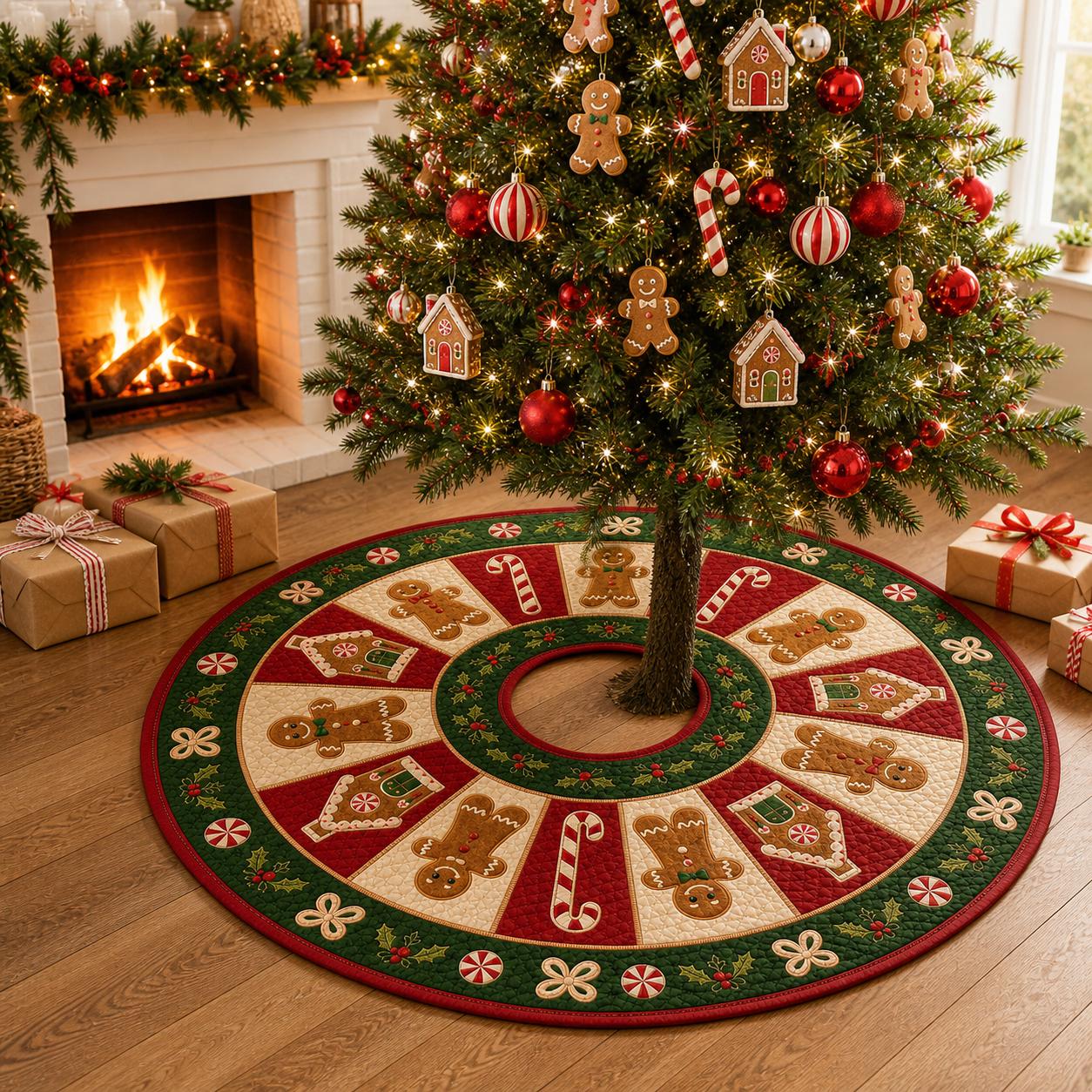 Quilted Christmas Tree Skirt with Gingerbread Man and Candy Cane Applique for Holiday Decor - photo 2