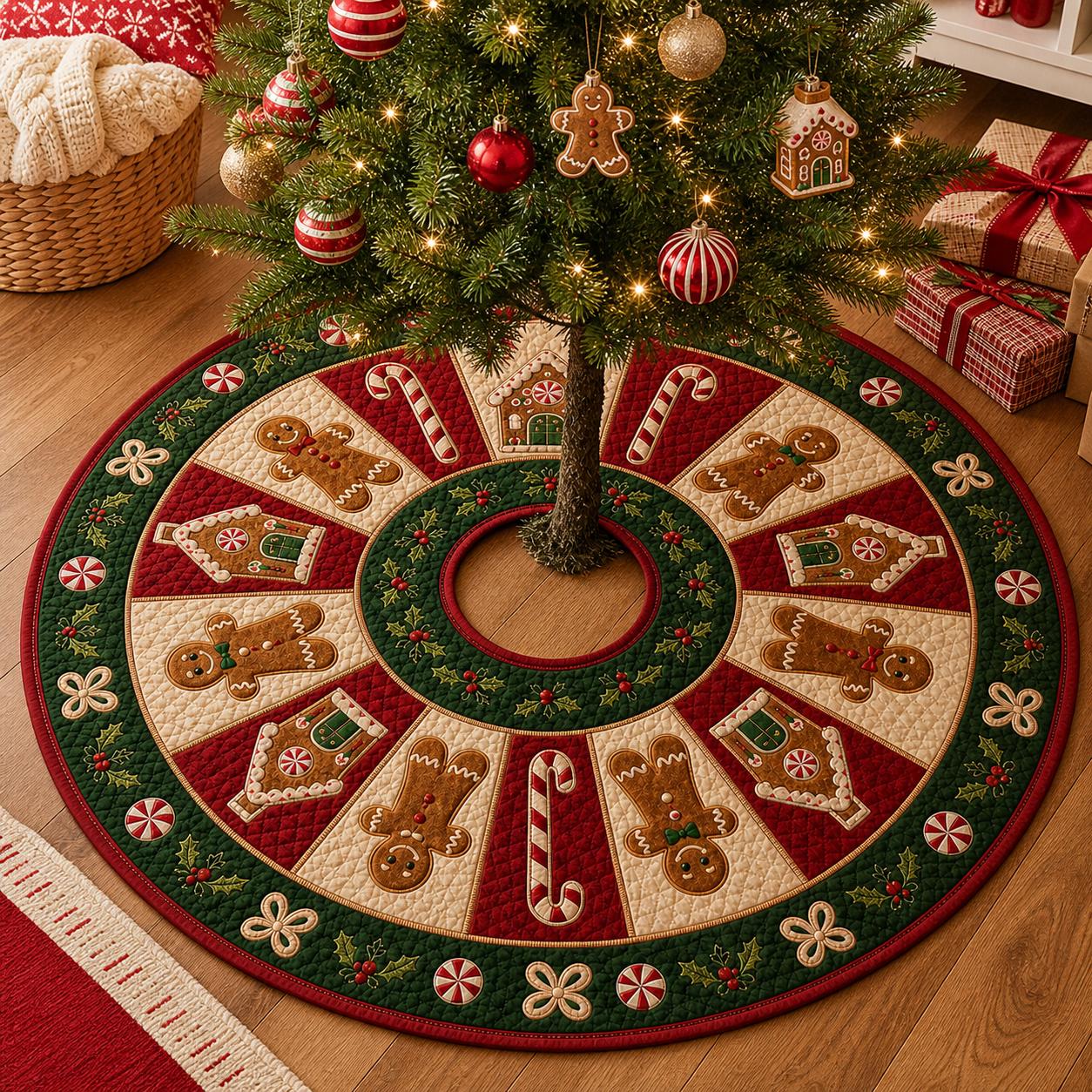 Quilted Christmas Tree Skirt with Gingerbread Man and Candy Cane Applique for Holiday Decor - photo 3