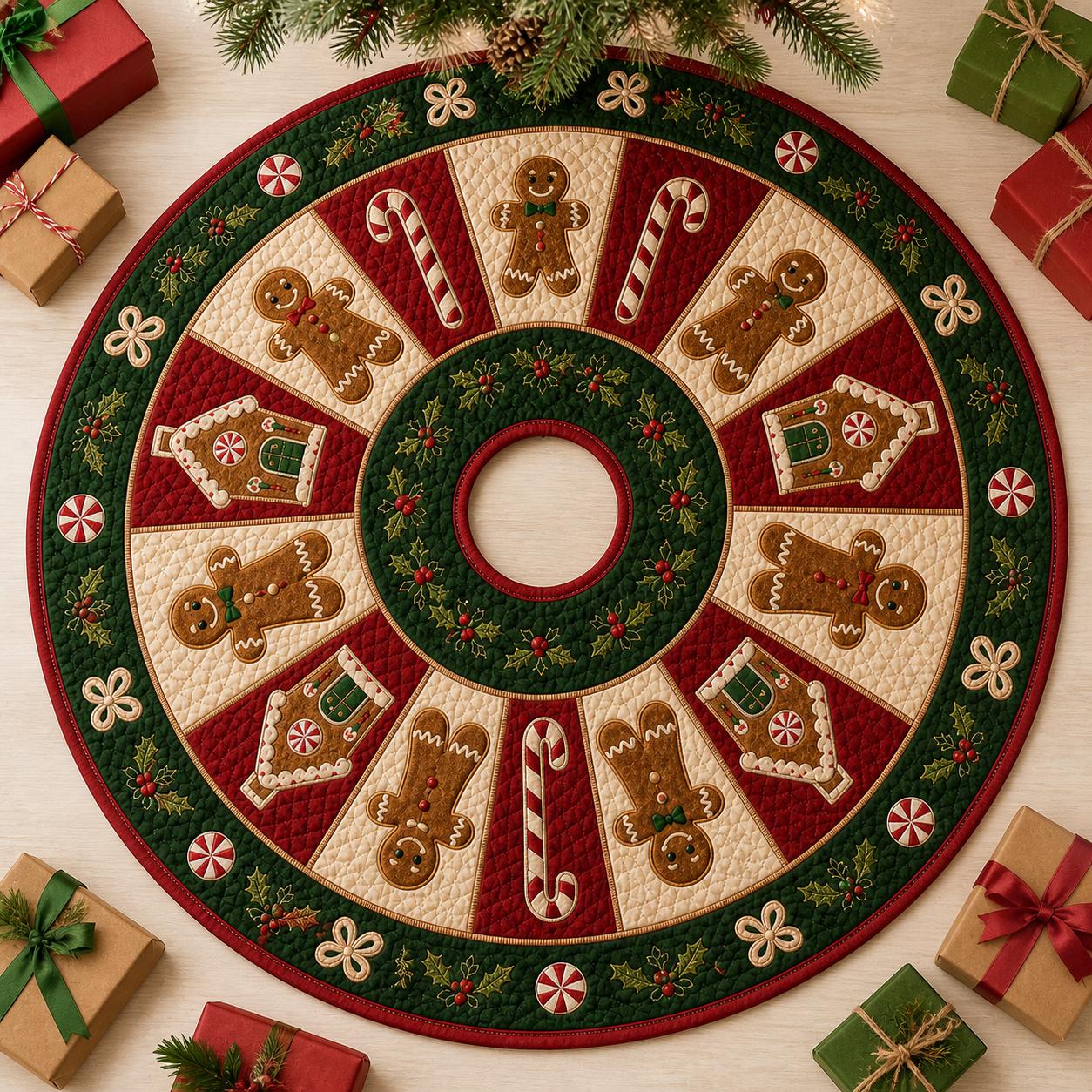 Quilted Christmas Tree Skirt with Gingerbread Man and Candy Cane Applique for Holiday Decor - photo 4