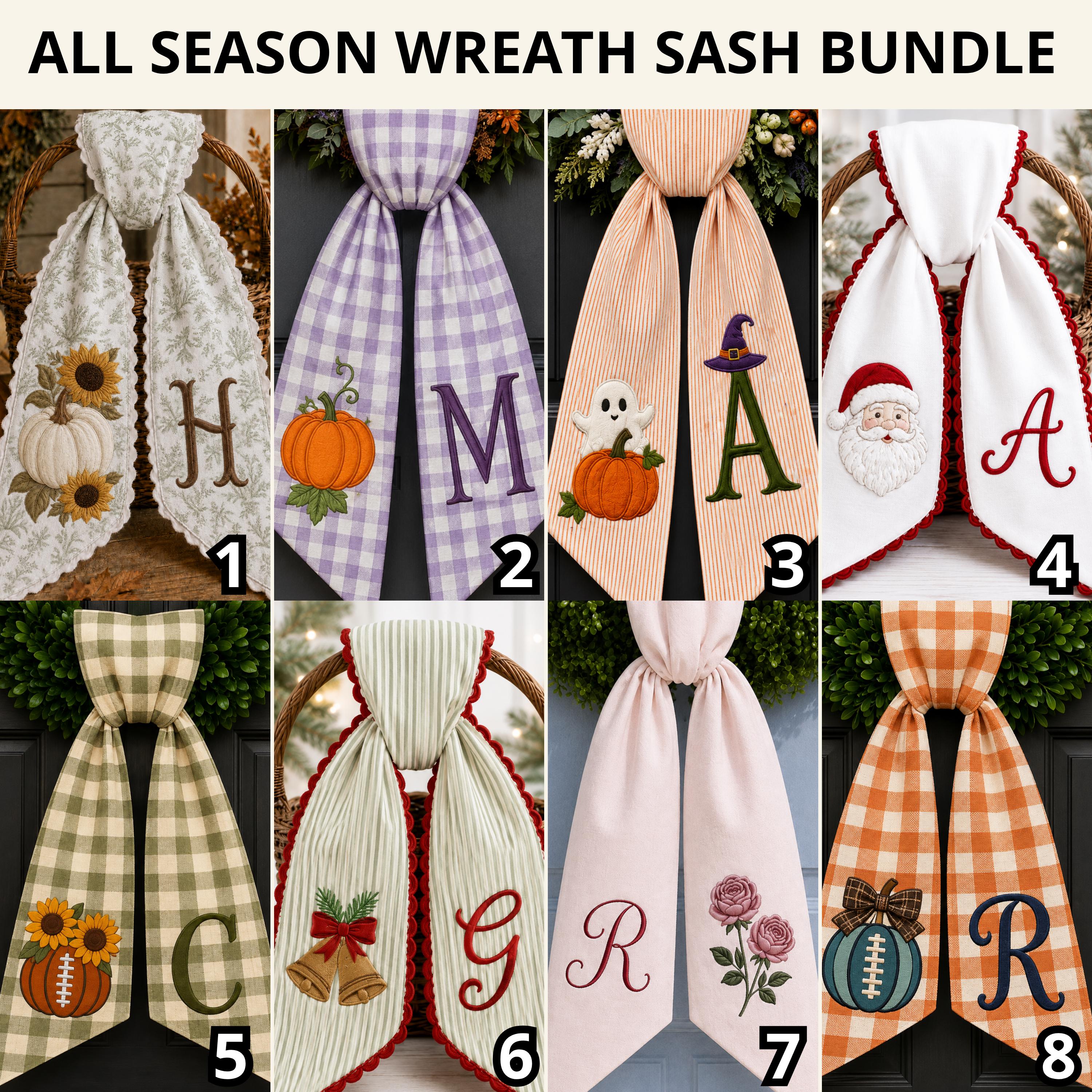 Wreath Sash Custom All-season Monogram Bow Bundle with Choose 4 or 8 Set Plus Personalized Grandma Football Pumpkin Door Decor