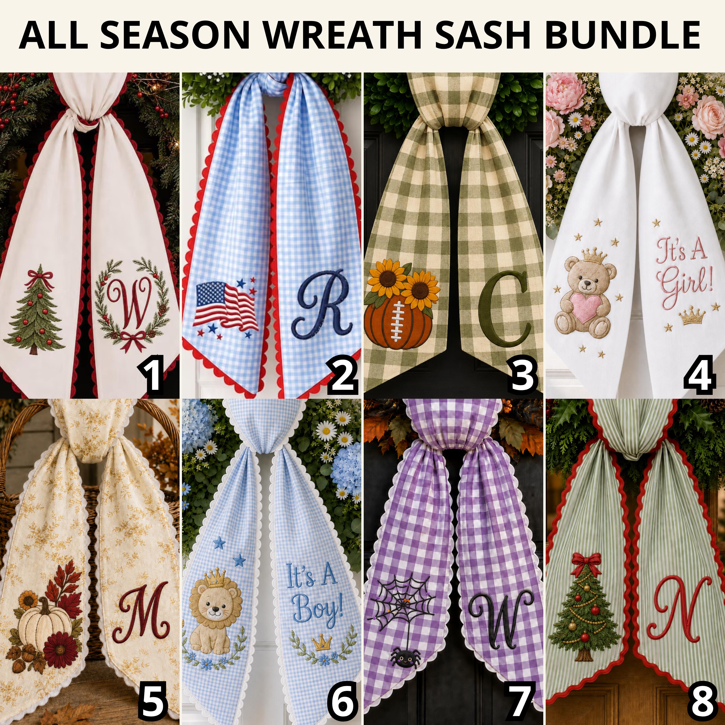 Personalized Embroidery All Season Wreath Sash Bundle with Monogram for Seasonal Front Door Decor and Magnolia Pumpkin Poinsettia Design