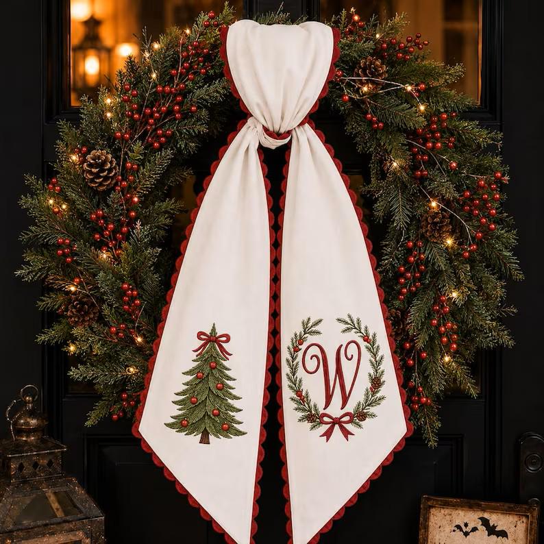 Personalized Embroidery All Season Wreath Sash Bundle with Monogram for Seasonal Front Door Decor and Magnolia Pumpkin Poinsettia Design - photo 2