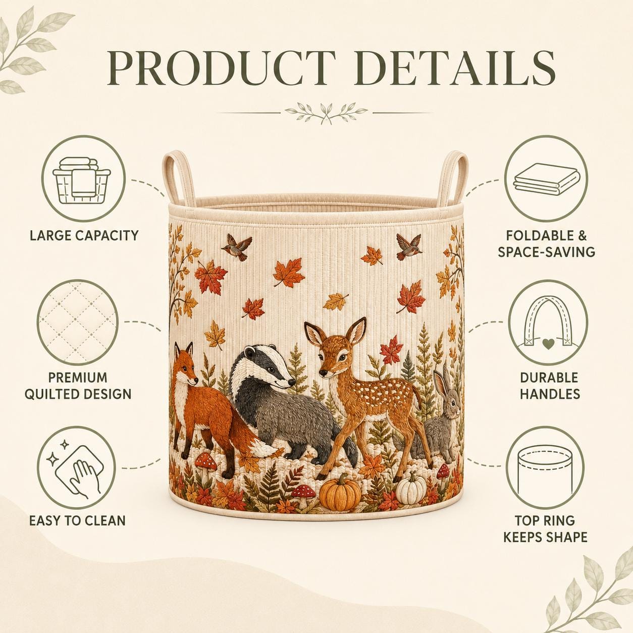 Woodland Quilted Laundry Basket And Storage Hamper for Kids – Forest Fox And Deer Nursery Decorations, Baby Shower Gift, Clothes, Toys - photo 7