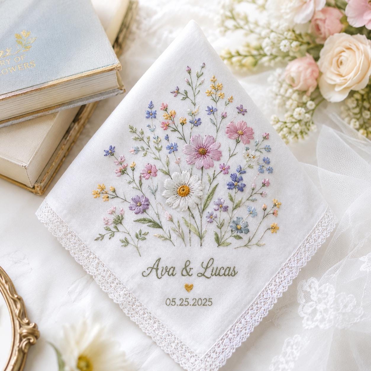 Personalized Embroidered Wedding Handkerchief – Custom Name And Date Floral Bridal Hanky, Bride Gift for Happy Tears, Wildflower Keepsake