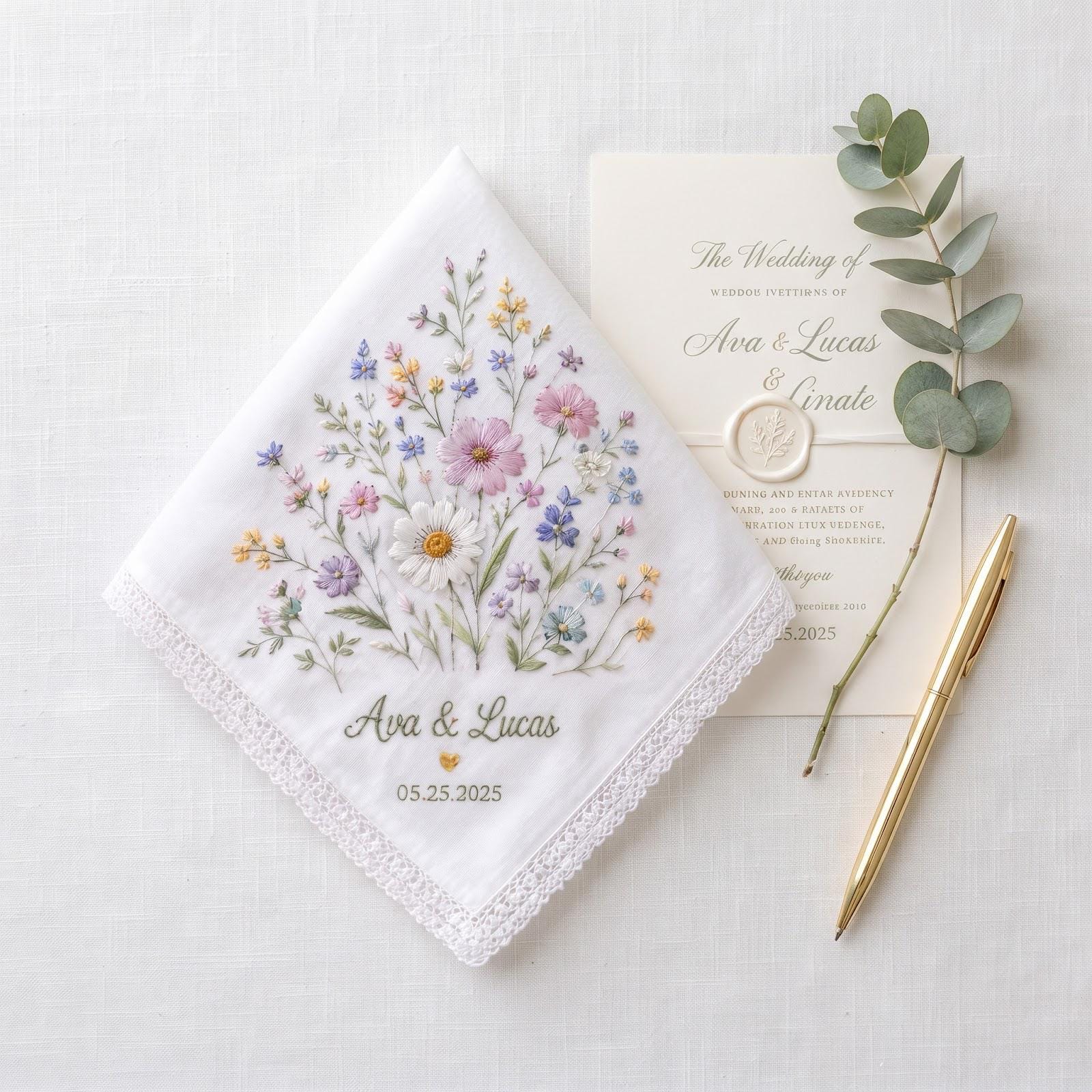 Personalized Embroidered Wedding Handkerchief – Custom Name And Date Floral Bridal Hanky, Bride Gift for Happy Tears, Wildflower Keepsake - photo 2