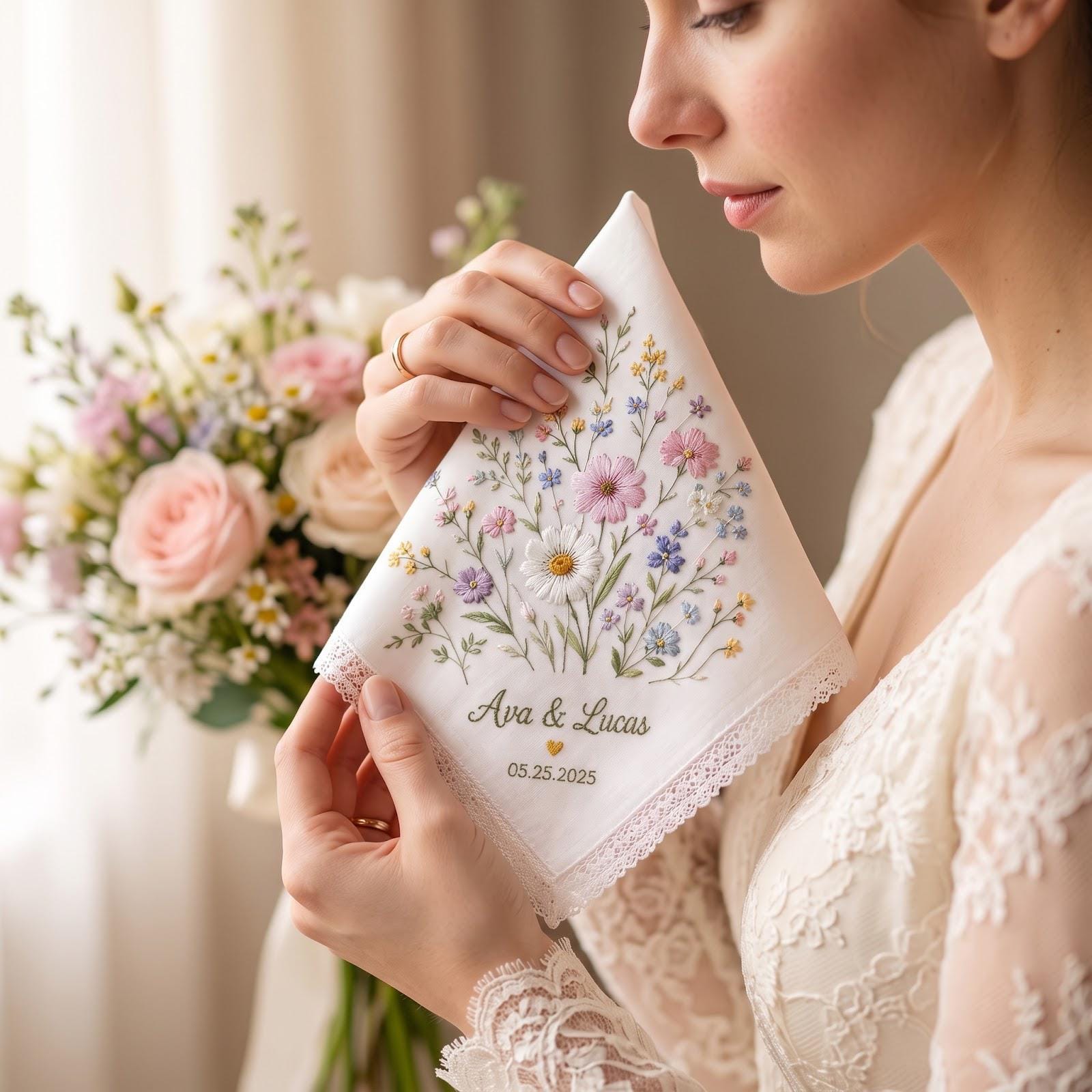 Personalized Embroidered Wedding Handkerchief – Custom Name And Date Floral Bridal Hanky, Bride Gift for Happy Tears, Wildflower Keepsake - photo 3