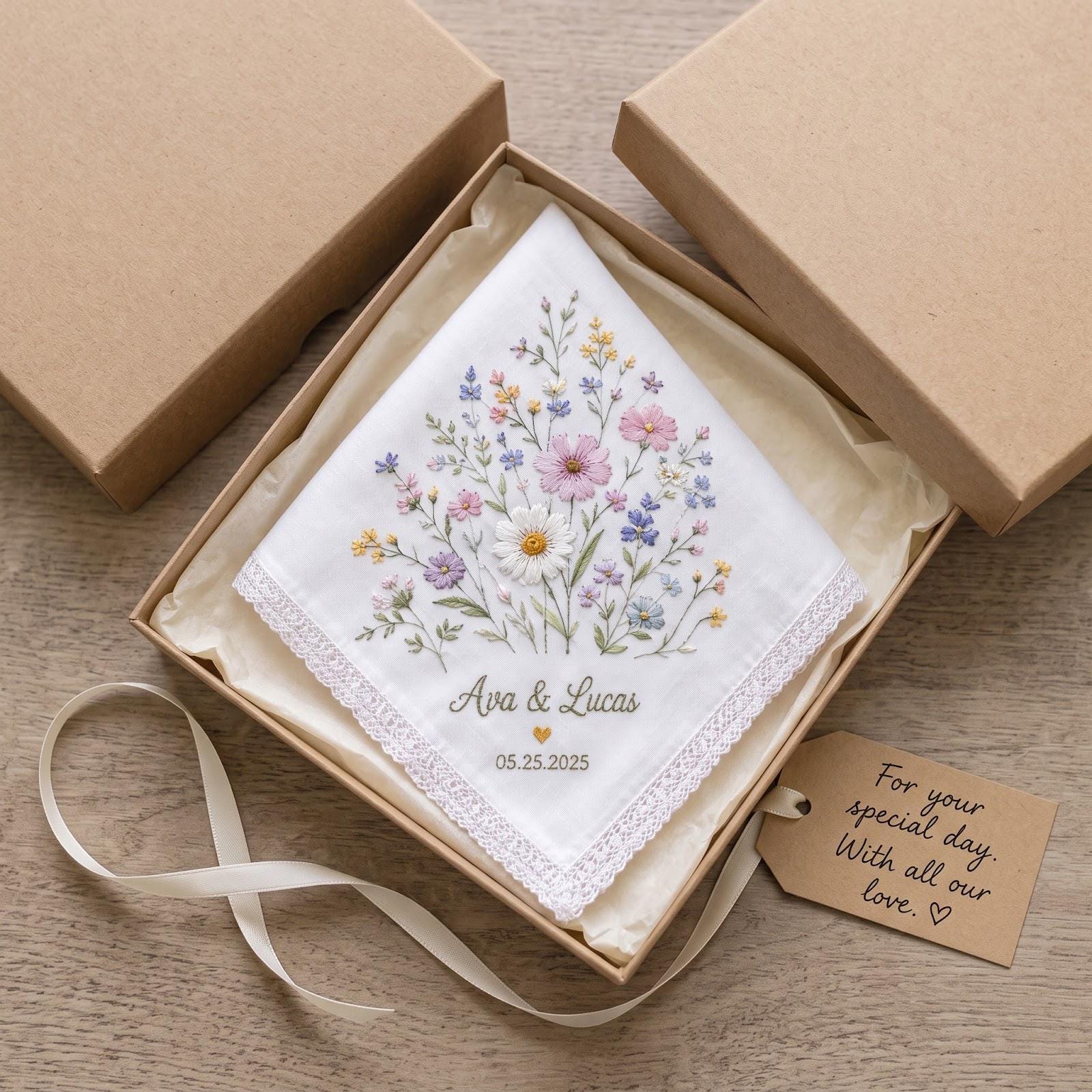 Personalized Embroidered Wedding Handkerchief – Custom Name And Date Floral Bridal Hanky, Bride Gift for Happy Tears, Wildflower Keepsake - photo 8
