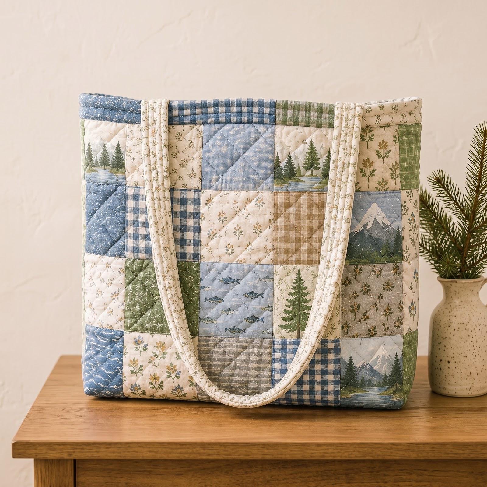 Sunrise Mountain Patchwork Tote Bag – Peach Floral Shoulder Bag for Cottagecore Forest Nature Gift, Quilted Style