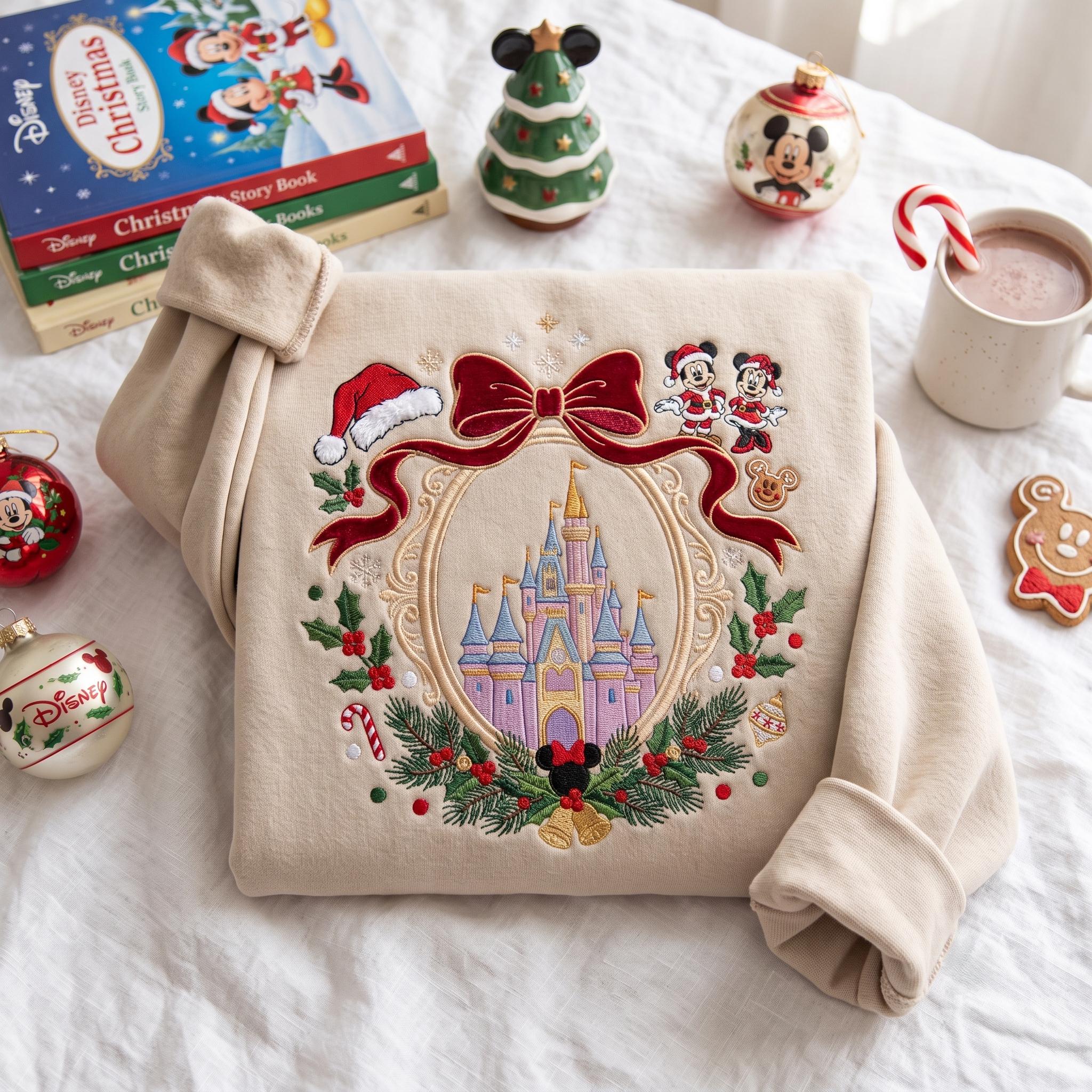 Embroidered Castle Christmas Sweatshirt with a Magical Land Coquette Design – Cute Disney Holiday Trip Crewneck Shirt Gift - photo 3