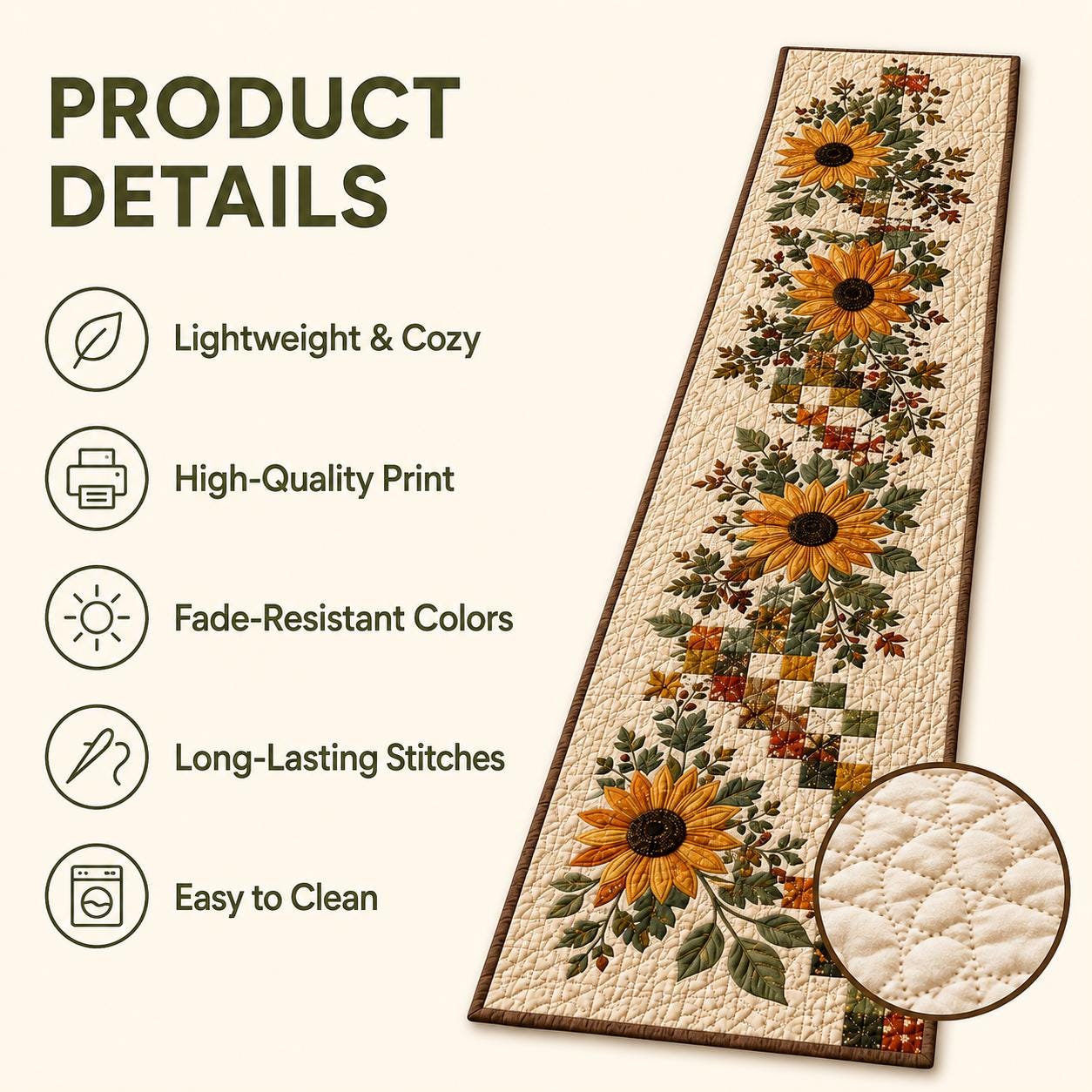 Fall Floral Sunflower Quilted Table Runner – Autumn Farmhouse Dining Table Decor and Thanksgiving Gift - photo 7