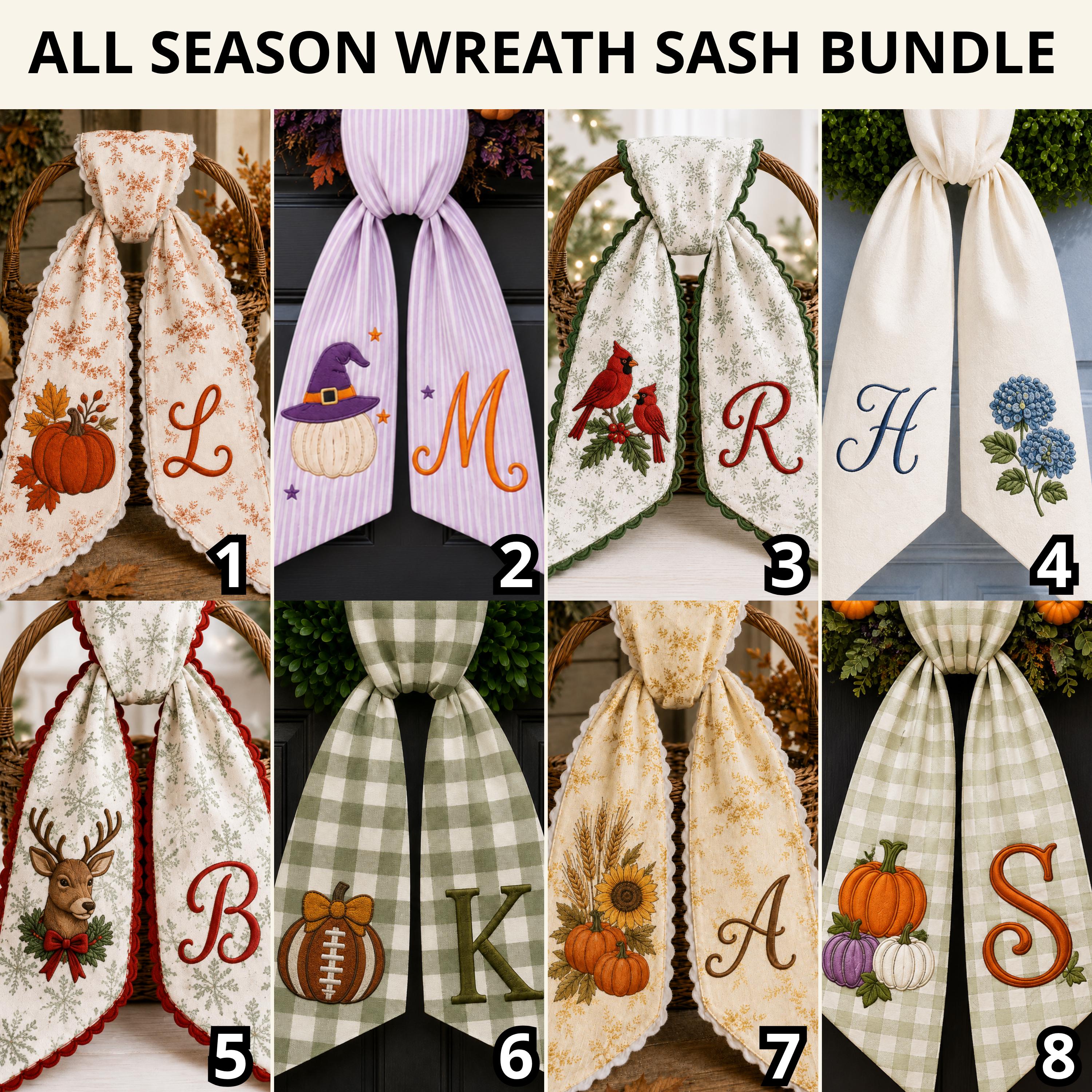 Wreath Sash Personalized Embroidery Bundle with Monogram Seasonal Front Door Decor and Poinsettia Football Spider Floral Wreath Sash Custom Gift