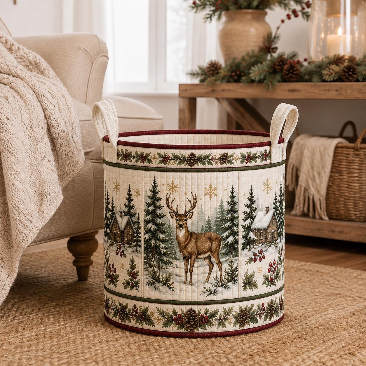 Rustic Winter Forest Christmas Reindeer and Deer Quilt Style Laundry Basket – Storage Hamper for Room Decor