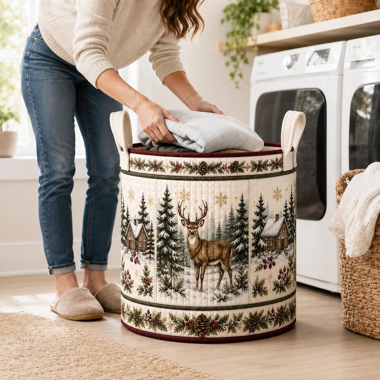 Rustic Winter Forest Christmas Reindeer and Deer Quilt Style Laundry Basket – Storage Hamper for Room Decor - photo 2
