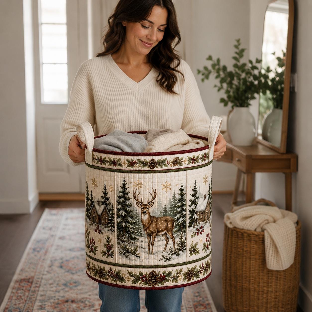 Rustic Winter Forest Christmas Reindeer and Deer Quilt Style Laundry Basket – Storage Hamper for Room Decor - photo 4