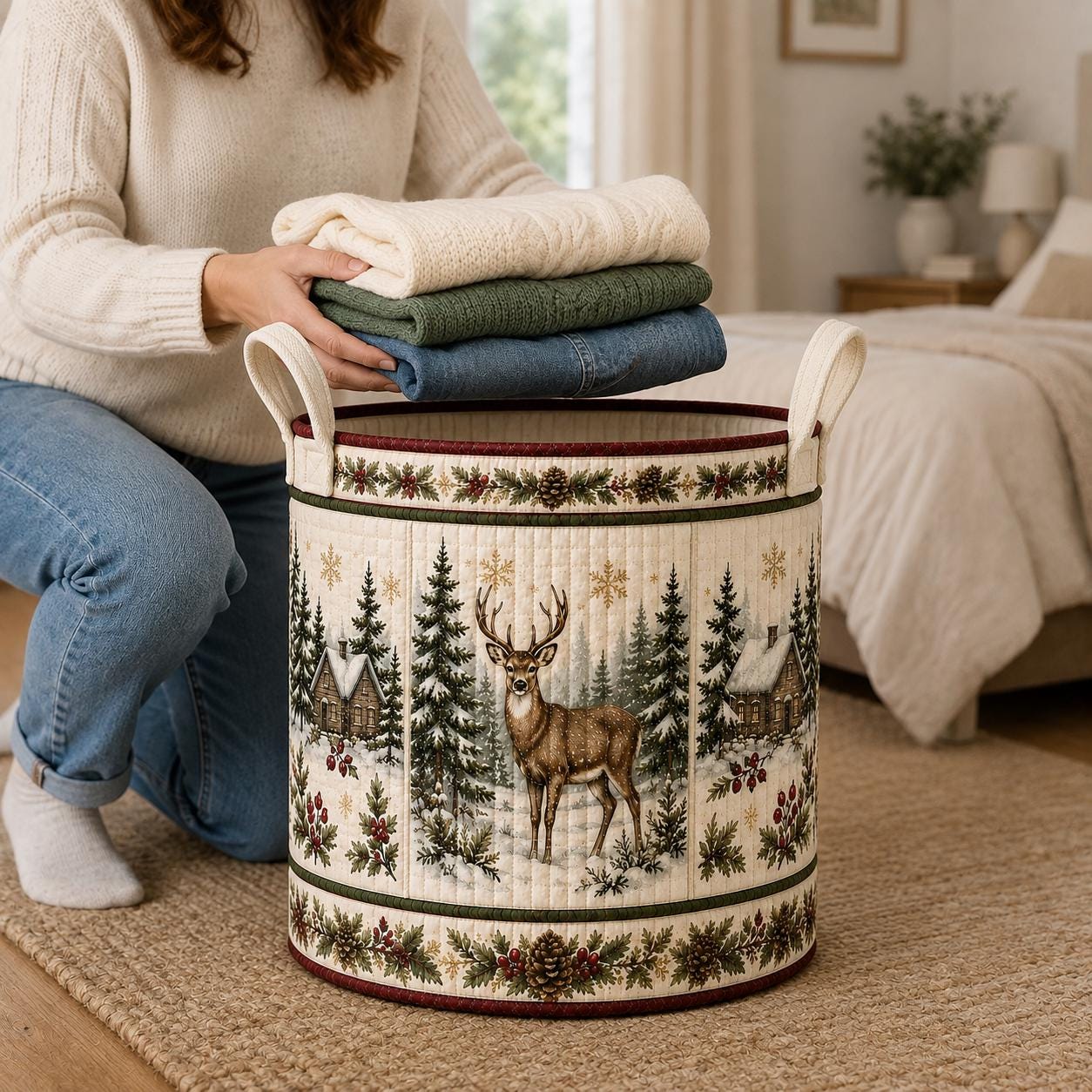 Rustic Winter Forest Christmas Reindeer and Deer Quilt Style Laundry Basket – Storage Hamper for Room Decor - photo 5
