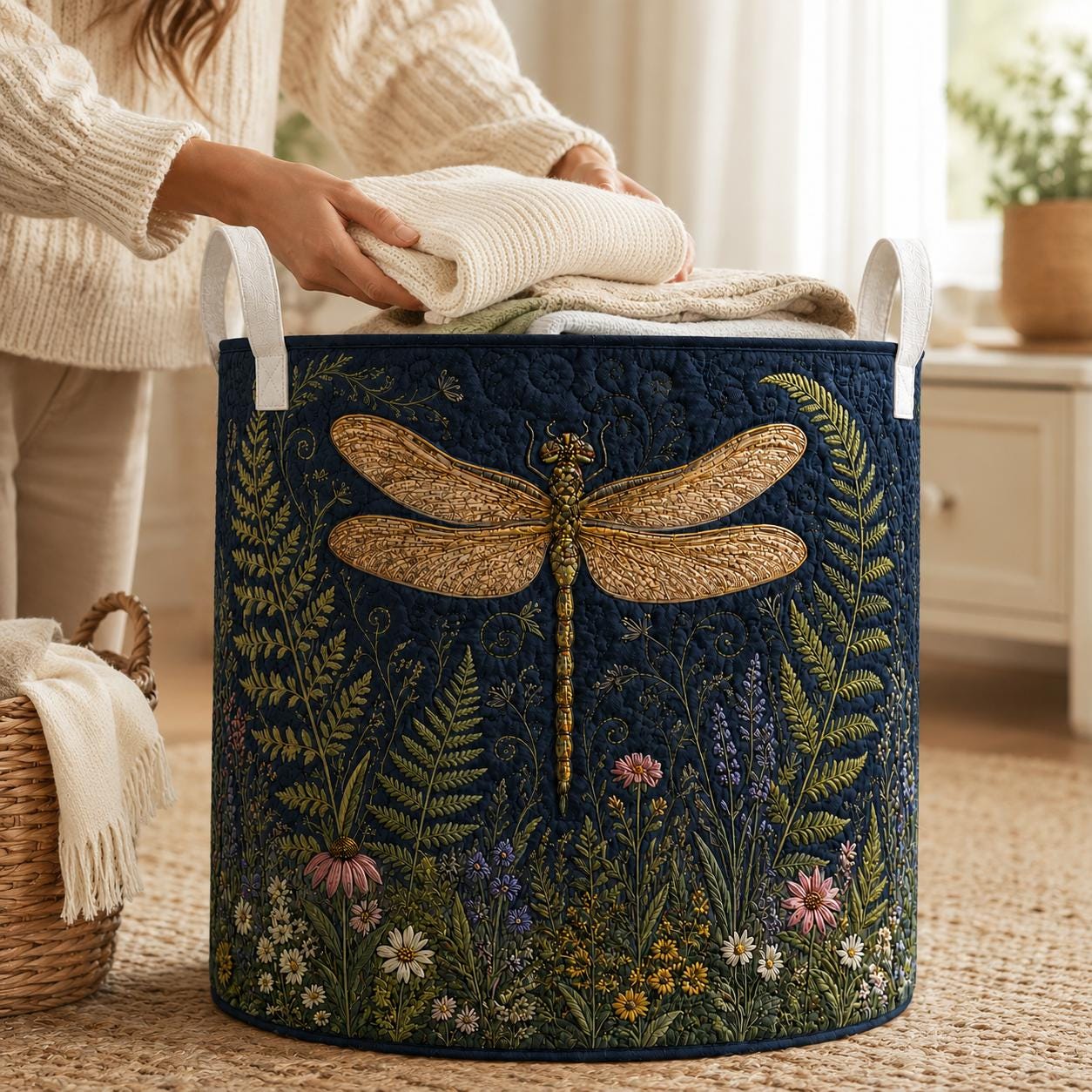 Navy Botanical Floral Dragonfly Quilt Style Laundry Basket and Hamper Organizer – Cottagecore Nature Garden Storage for Home Decor
