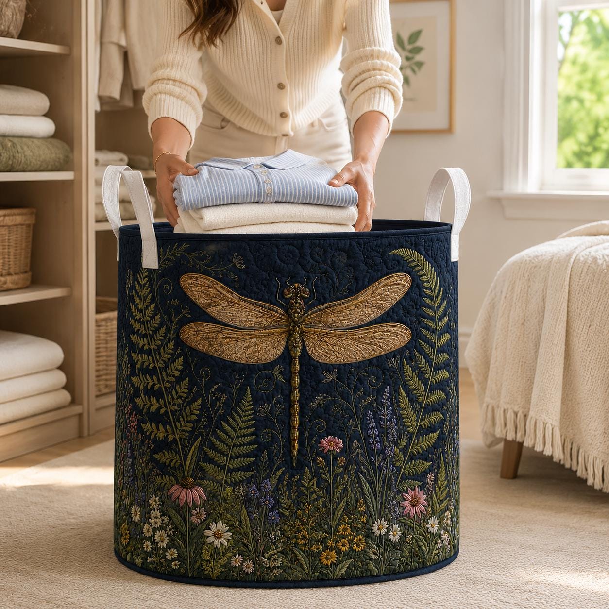 Navy Botanical Floral Dragonfly Quilt Style Laundry Basket and Hamper Organizer – Cottagecore Nature Garden Storage for Home Decor - photo 2