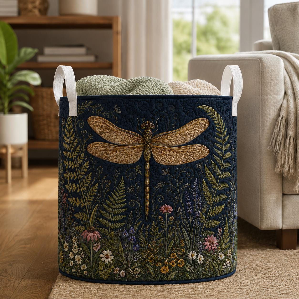Navy Botanical Floral Dragonfly Quilt Style Laundry Basket and Hamper Organizer – Cottagecore Nature Garden Storage for Home Decor - photo 4
