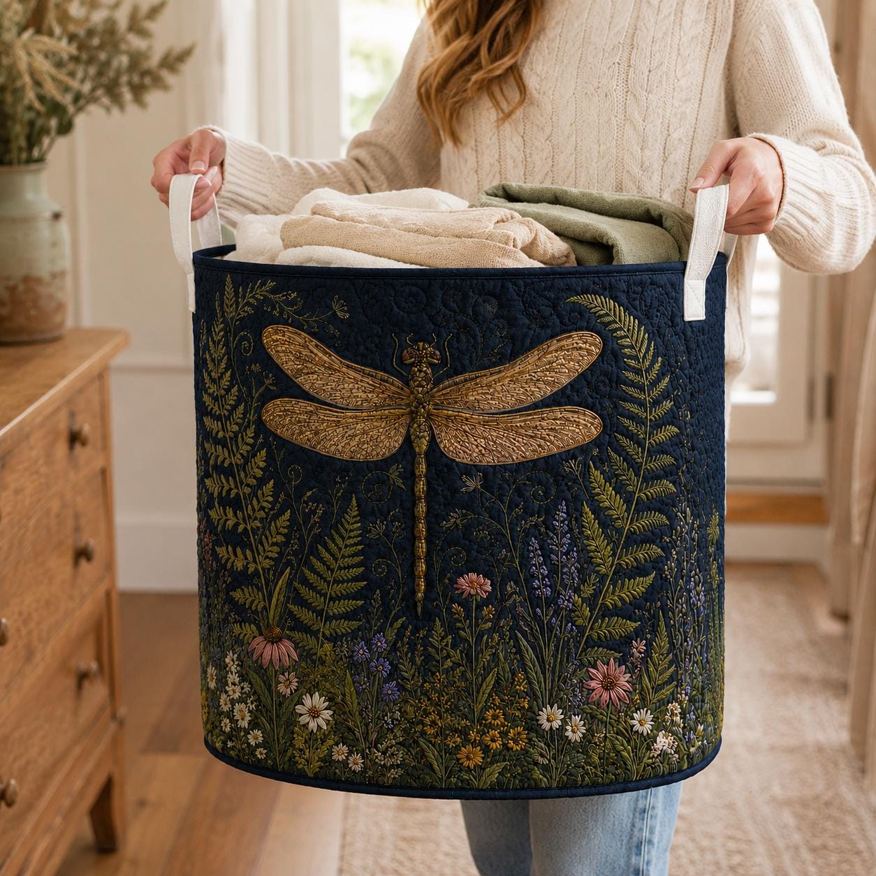 Navy Botanical Floral Dragonfly Quilt Style Laundry Basket and Hamper Organizer – Cottagecore Nature Garden Storage for Home Decor - photo 5