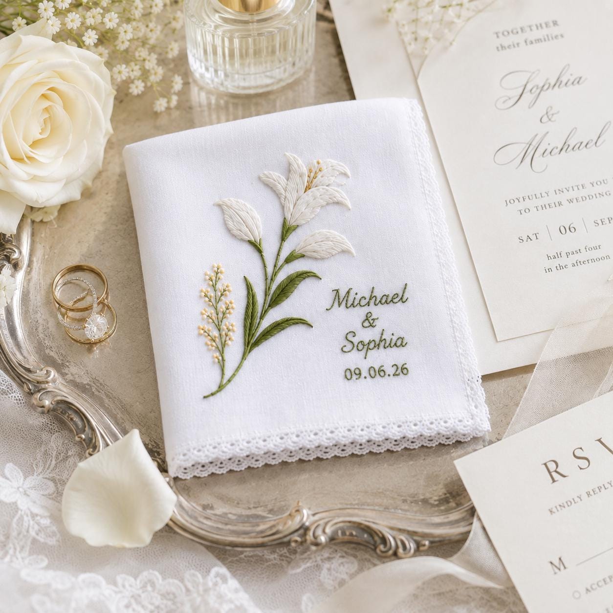 Personalized Embroidered Wedding Handkerchief with Custom Name Date Floral Hanky and White Flower Bridal Keepsake, Style Options Gift