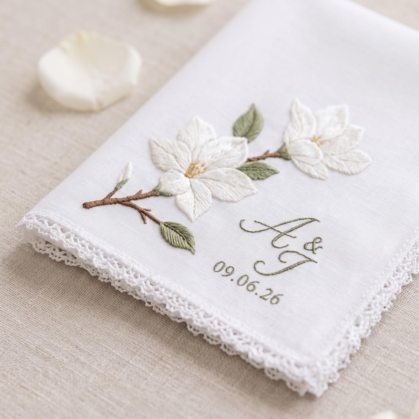Personalized Embroidered Wedding Handkerchief with Custom Name Date Floral Hanky and White Flower Bridal Keepsake, Style Options Gift - photo 2