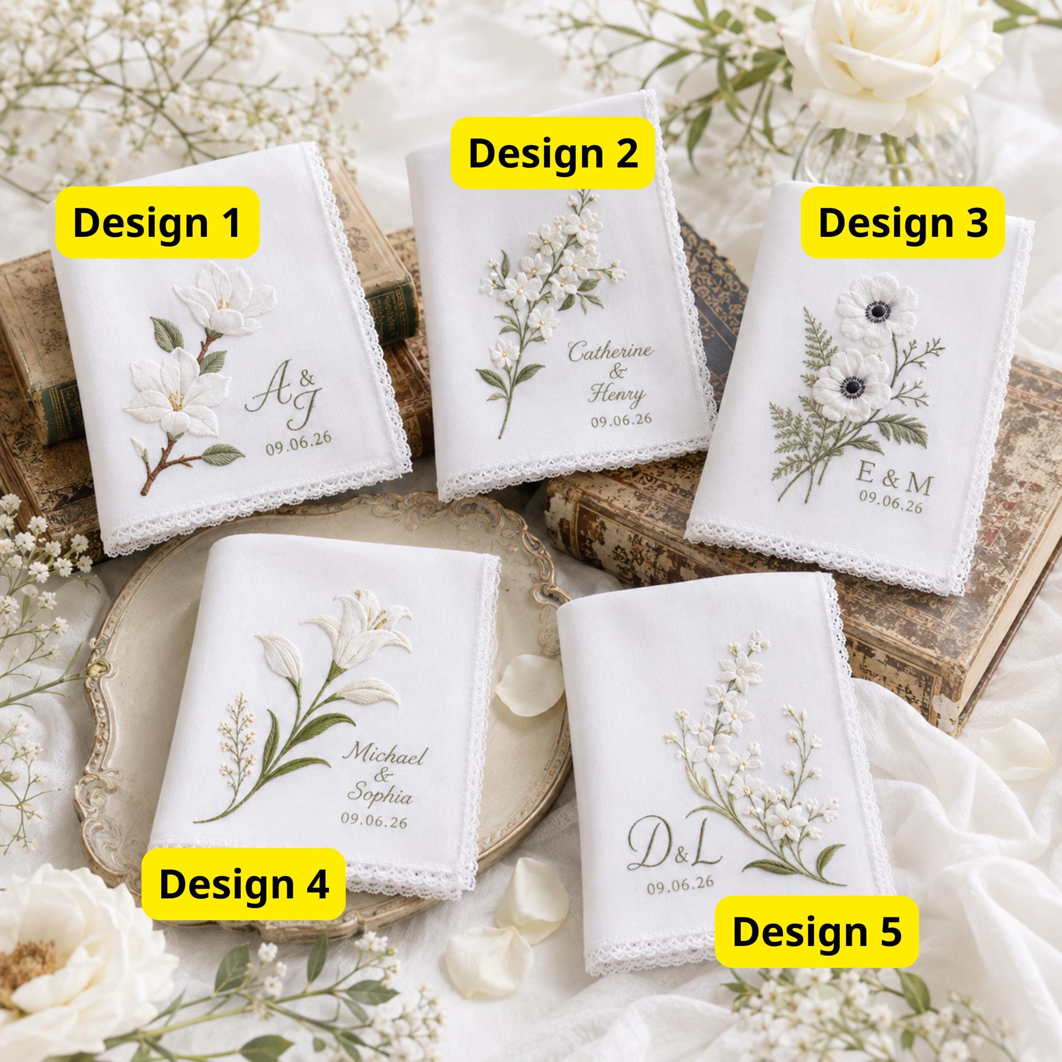Personalized Embroidered Wedding Handkerchief with Custom Name Date Floral Hanky and White Flower Bridal Keepsake, Style Options Gift - photo 4