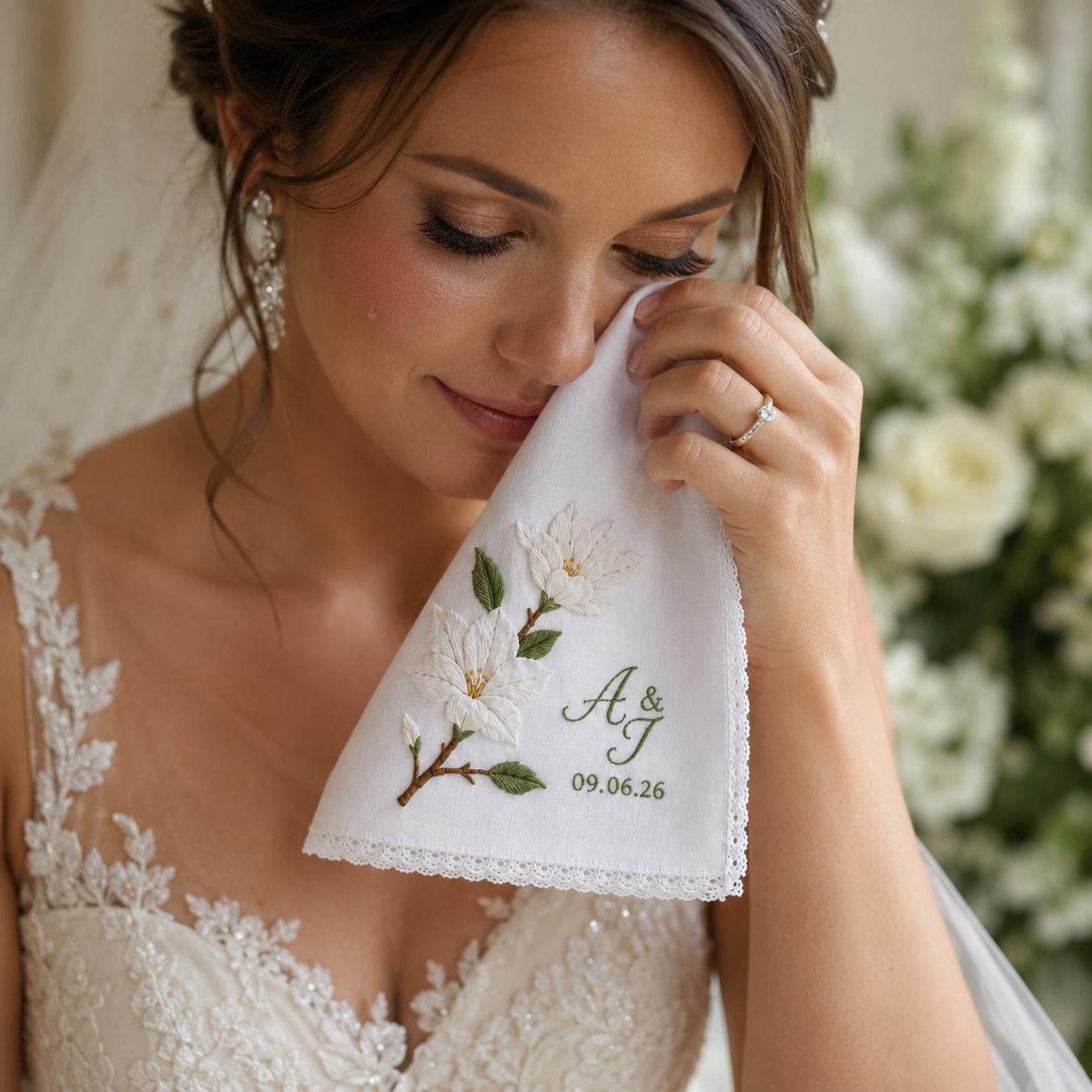 Personalized Embroidered Wedding Handkerchief with Custom Name Date Floral Hanky and White Flower Bridal Keepsake, Style Options Gift - photo 8