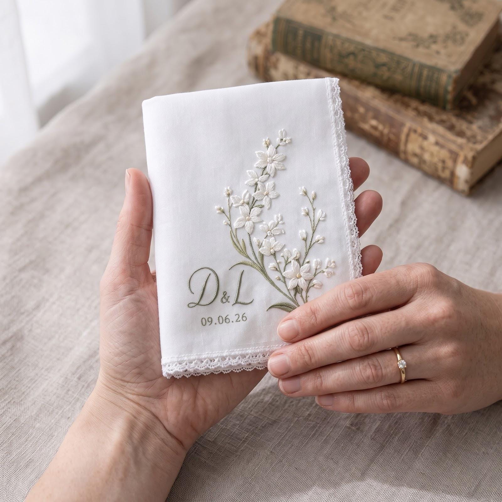 Personalized Embroidered Wedding Handkerchief with Custom Name Date Floral Hanky and White Flower Bridal Keepsake, Style Options Gift - photo 9