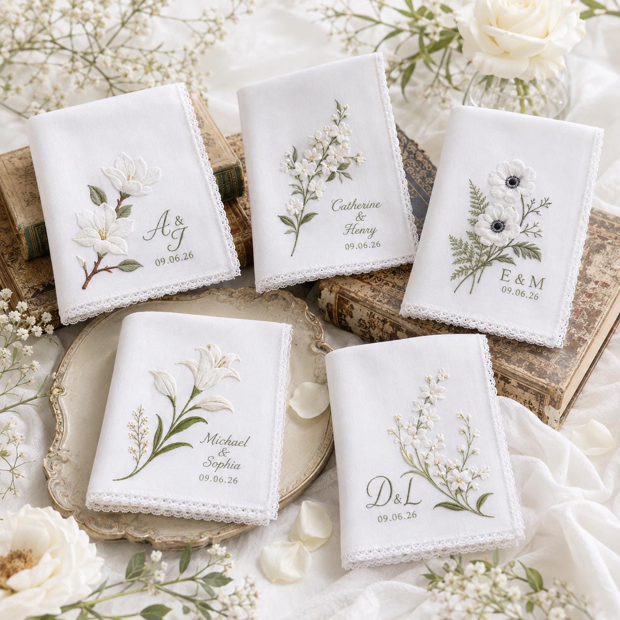 Personalized Embroidered Wedding Handkerchief with Custom Name Date Floral Hanky and White Flower Bridal Keepsake, Style Options Gift - photo 10